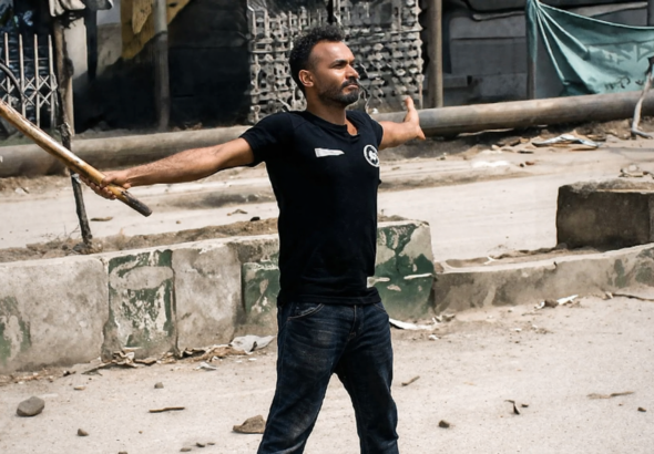 Defiant stance in the urban street